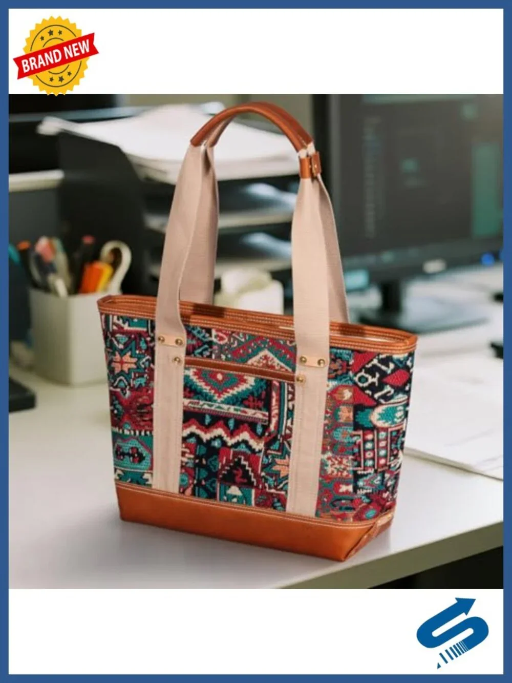 Canvas Leather Tote Bag Women Travel Work Bag Magnetic Closure Laptop iPad